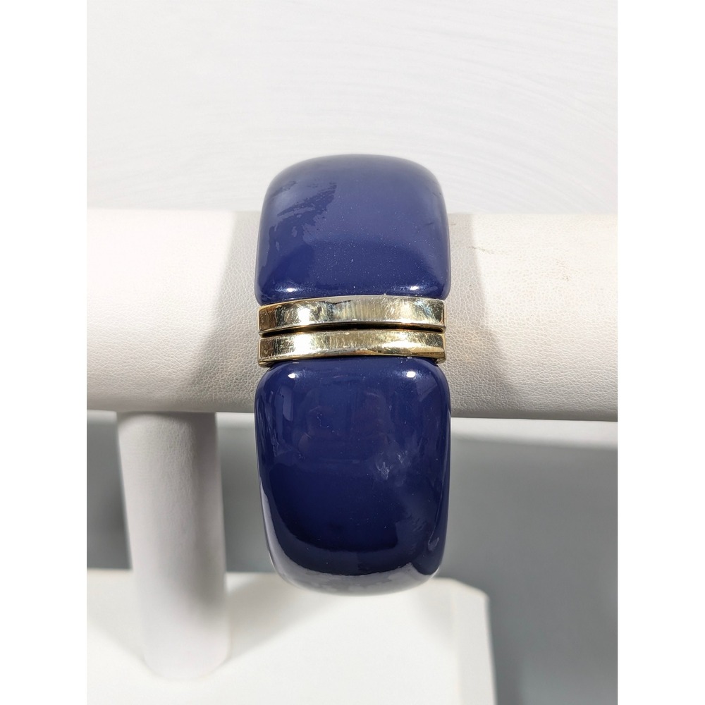 Wide Blue‎ Acrylic Bangle Bracelet Gold Tone Accent Chunky Stretch